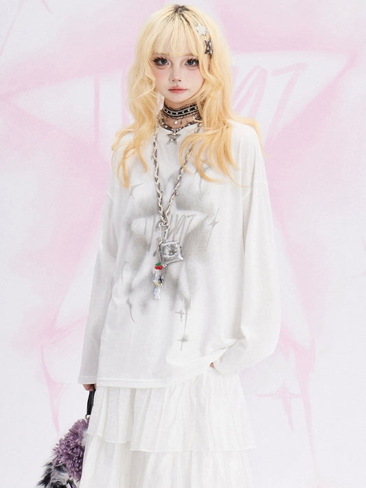 ホワイトスタープリント ルーズロングスリーブTシャツ