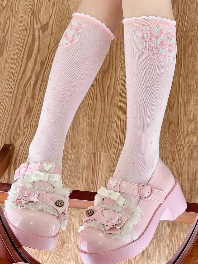 Rosa Lolita-Socken mit Druckmuster und Schleife und Punkten