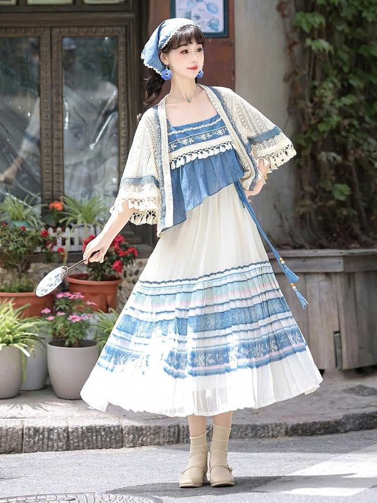 White and Blue Lace Tassel Cardigan with Floral Print Sleeveless Pleated Dress - Han Ru Chu Hanfu &amp; Han-Element Studi