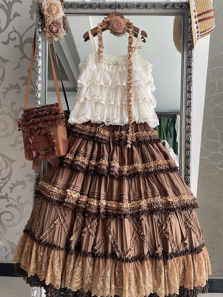 Tüll-Camisole mit Stufen und Punkten in Kaffeebraun