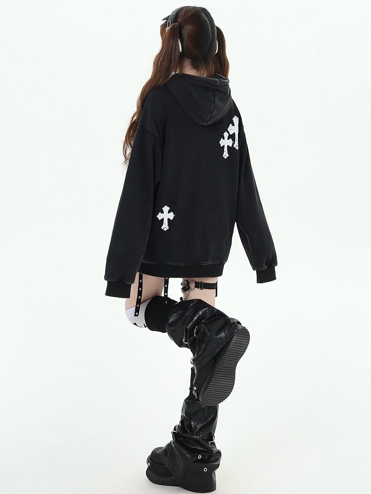 Black and Wine Red Crosses Print Graphic Hoodie