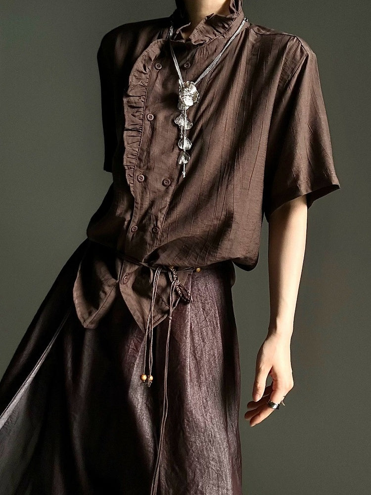 Coffee Ouji Short Sleeve Shirt with Ruffle Trim - ASAE