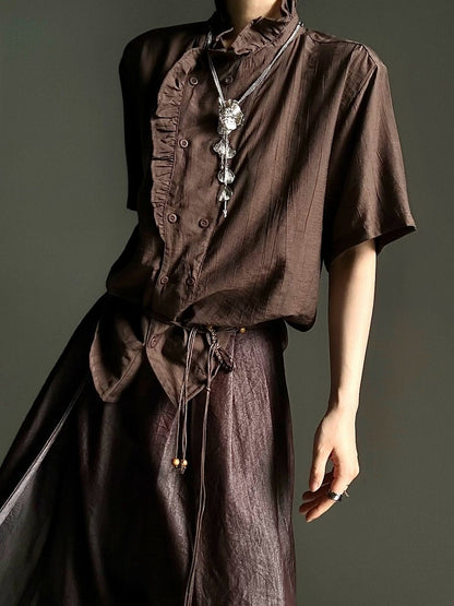 Coffee Ouji Short Sleeve Shirt with Ruffle Trim - ASAE