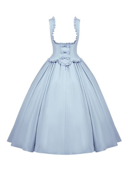 Klassisches Lolita-Kleid mit Rüschen an der Brust und unter dem Rocksaum, gewellt, elegant, Blau