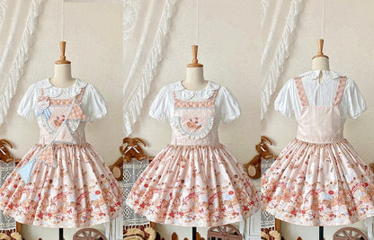 Beiges süßes Lolita-Overallkleid mit Teddybär und Dessert