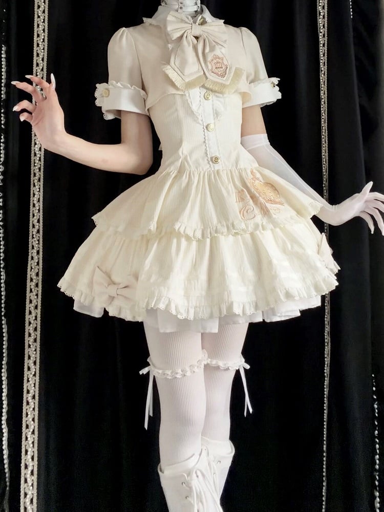 Beige Preppy Striped Two-Piece Gown with Crown Embroidery - Fairy Faith