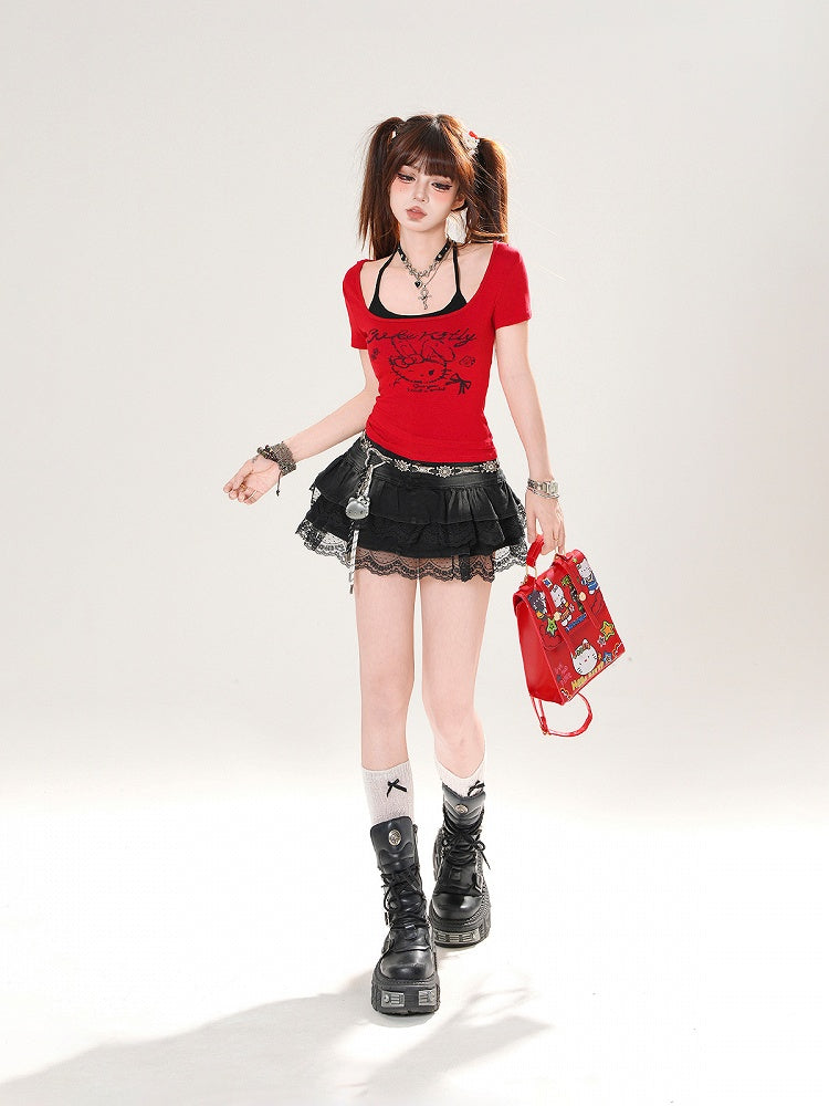 トップTシャツホルタープリントセットバニーレッド/ホワイトネックブラック