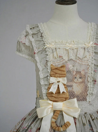 Green Cat Print Square Neckline Sweet Lolita JSK Dress with Plush Cat Patch - NyaNya