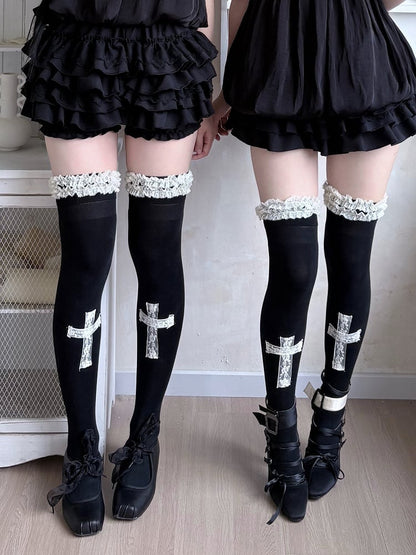 Black and White Cross Lace Over-The-Knee Stockings - Damn Girl