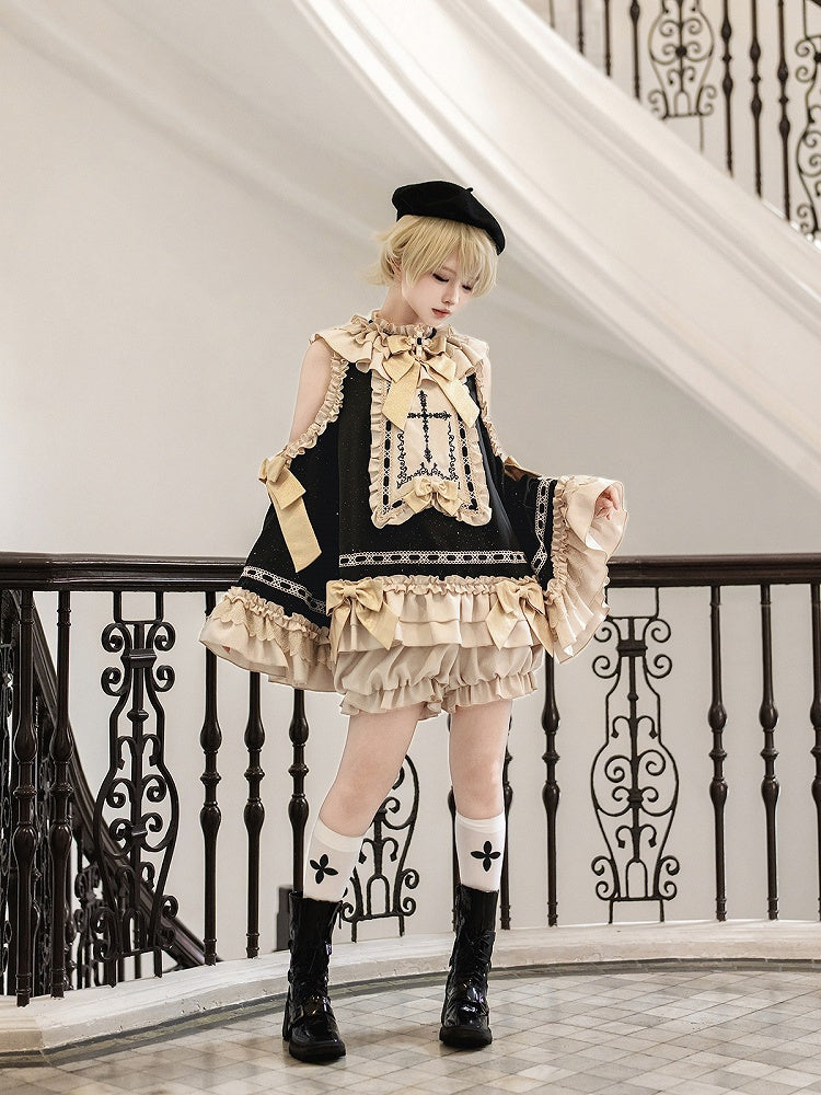 Black & Golden Cross Embroidery Cutout Shoulder Ruffled Ouji Lolita Top with Bloomers Set - Unknown Star