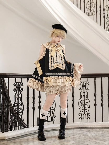 Black & Golden Cross Embroidery Cutout Shoulder Ruffled Ouji Lolita Top with Bloomers Set - Unknown Star