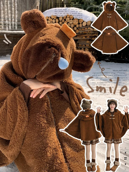 茶色のかわいいカピバラのフード付きジップ開閉フリースフード付きケープ