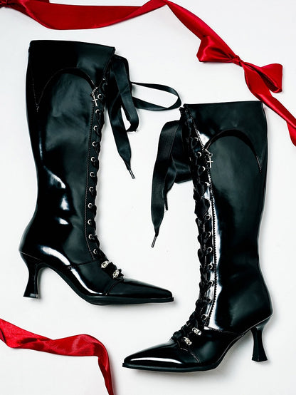 Cross Polished Design Gothic - Fold-Over Boots with Black Detachable Pointed Toe Cuff Charm Knee-High