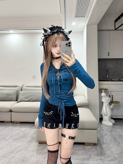 Front with Alternative Fashion Lace-up Klein Blue Cross Long Sleeve Top Details