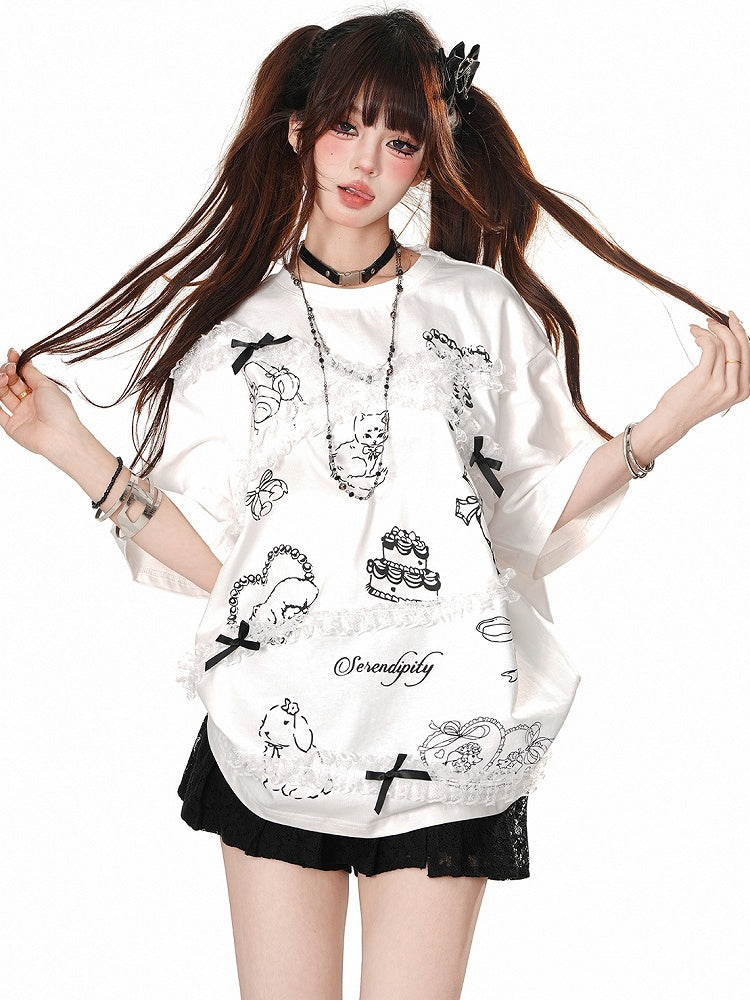 White/Black Cartoon Print Lace Accents Short Sleeves T-Shirt