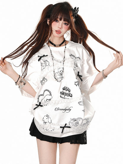White/Black Cartoon Print Lace Accents Short Sleeves T-Shirt