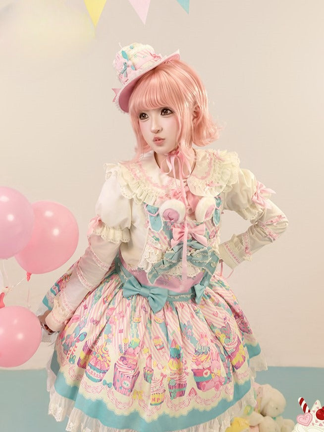Cupcake Blue Pink and Dress Lolita Overall Sweet Print Bunny