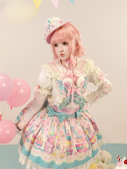 Cupcake Blue Pink and Dress Lolita Overall Sweet Print Bunny
