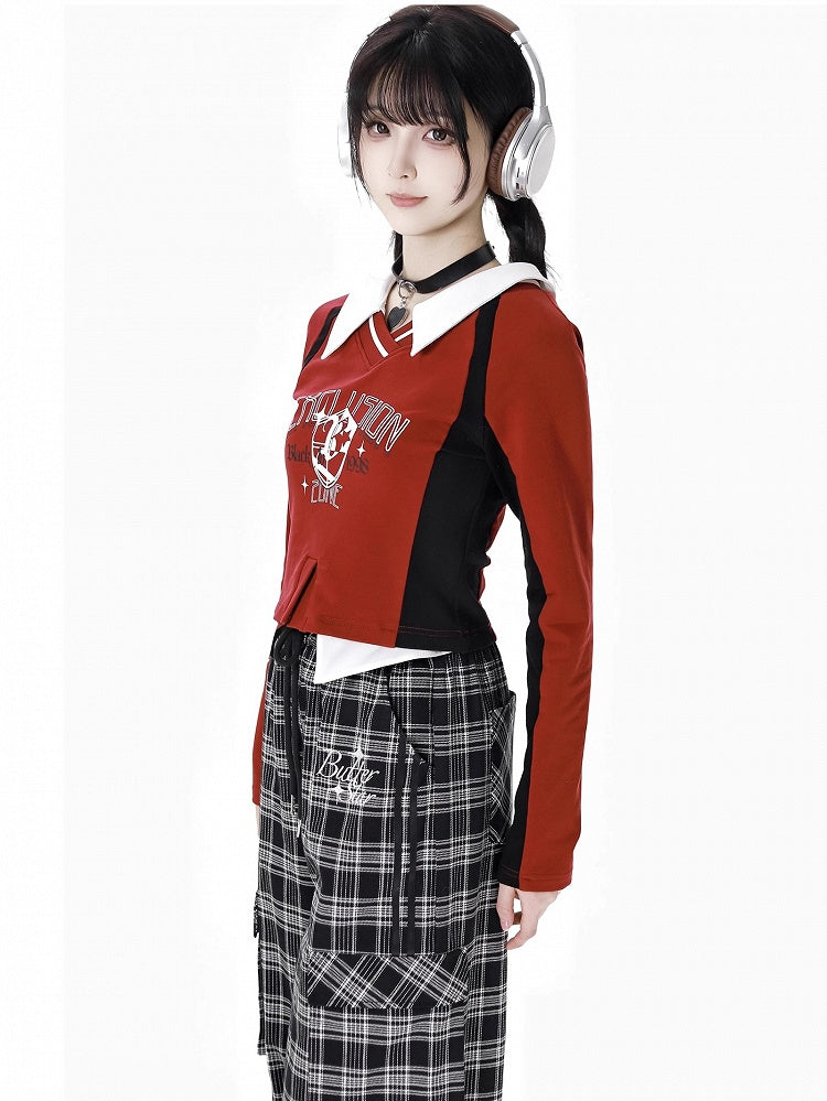 Red Layered-Look Design V-neck Cropped Sweatshirt