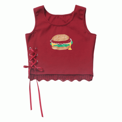Weiß/Rotes Spitzen-Tanktop mit Burger-Print und Schnürung im Detailbesatz