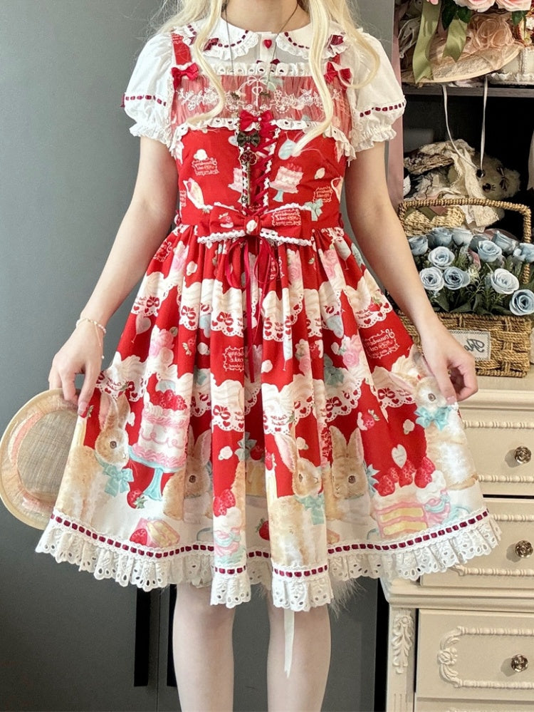 白と赤のハートボタン付きパフスリーブのスイートロリータブラウス