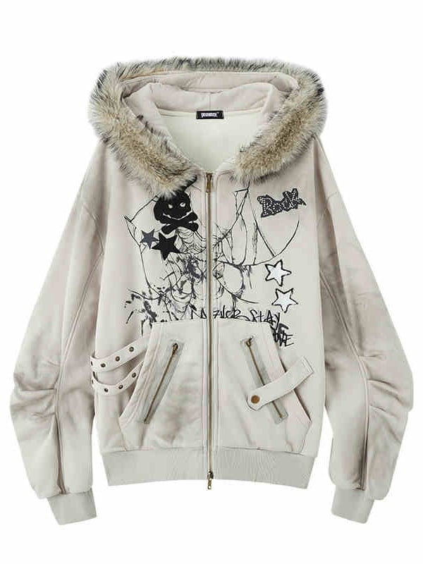 Spiderweb Zip and Punk Bunny Fleece Gray Ears Rock Print Skeleton Hoodie