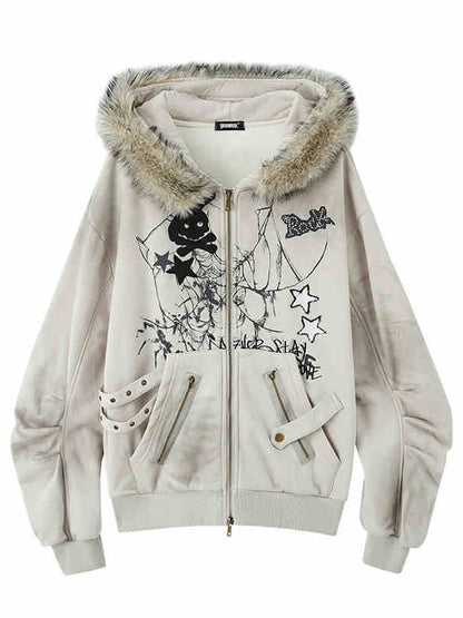 Spiderweb Zip and Punk Bunny Fleece Gray Ears Rock Print Skeleton Hoodie