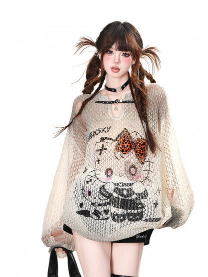 Top Kitty Print Pink/Apricot/Schwarz Distressed Löcher Sommer Sonnenschutz Aushöhlen