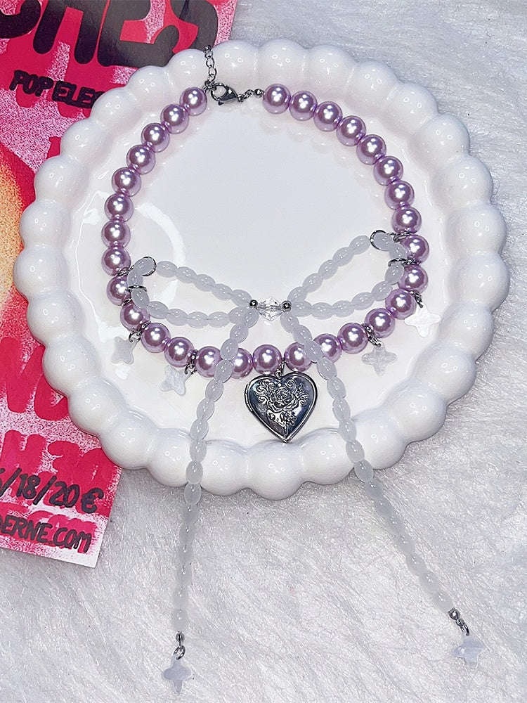 Bowknot Purple Design Beaded Y2K Pendant Heart Necklace