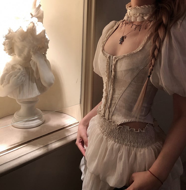 Apricot Puff Lace-Up Romantic Back Top Sleeve with