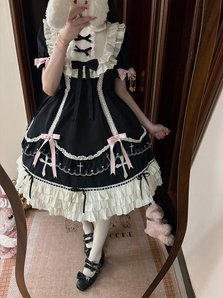 Short Sleeve Peter Pan Collar Lolita OP with Cross & Bow Accents in Black & Pink - MUYU