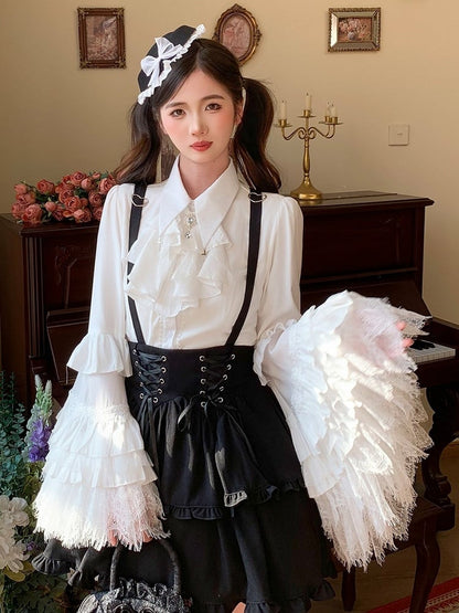White Lolita Blouse with Layered Lace and Bell Sleeves - Lan Jian Chuan
