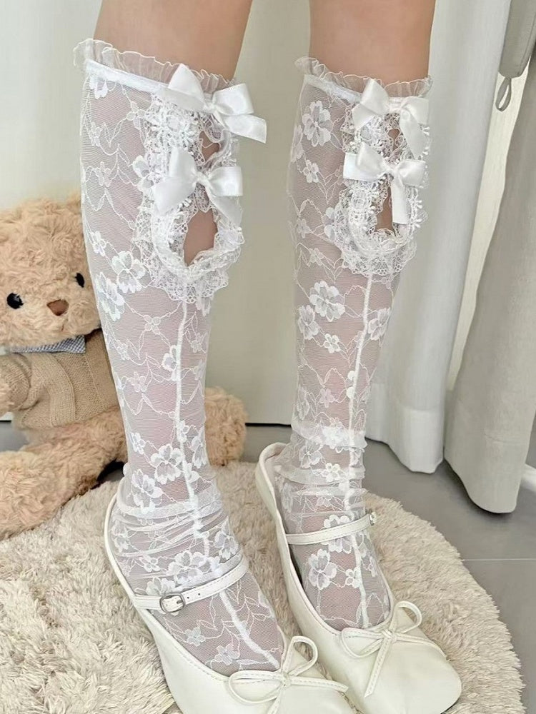 Pattern Floral Stockings Underknee Semi-sheer Details Bowknot White Y2K