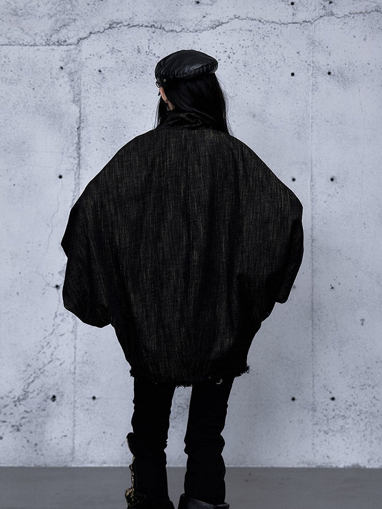 Vintage Snap-button Front Jacket Sleeves Red Batwing Closure with Punk Reversible Denim