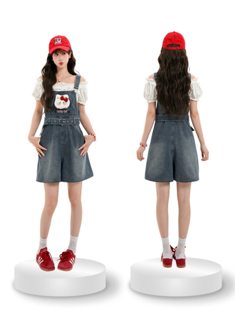 Herz Shorts Plüsch Kitty Denim Dunkelblau Verblasst Schnalle Waschen Gürtel Overall mit