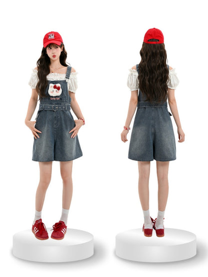Herz Shorts Plüsch Kitty Denim Dunkelblau Verblasst Schnalle Waschen Gürtel Overall mit