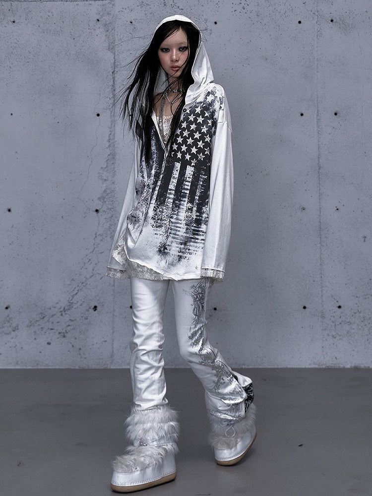 Loose Lace V-Neck Two-piece Top Star Sleeve Panel Off-white Hooded Long Print