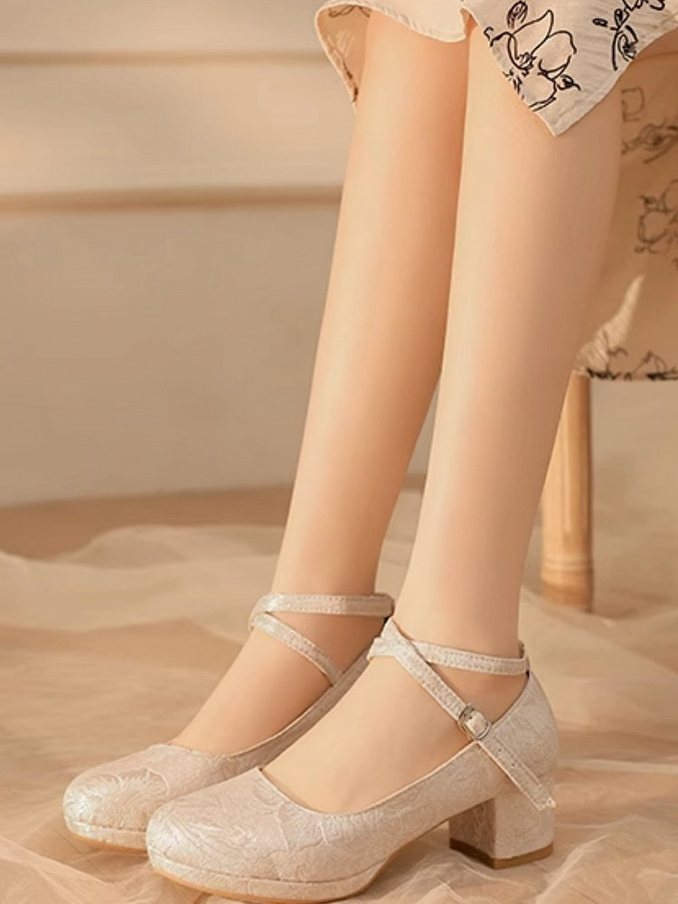 Qi Lolita Mid-Heel Crisscross Floral Beige Mart Design Pattern Janes - Satin
