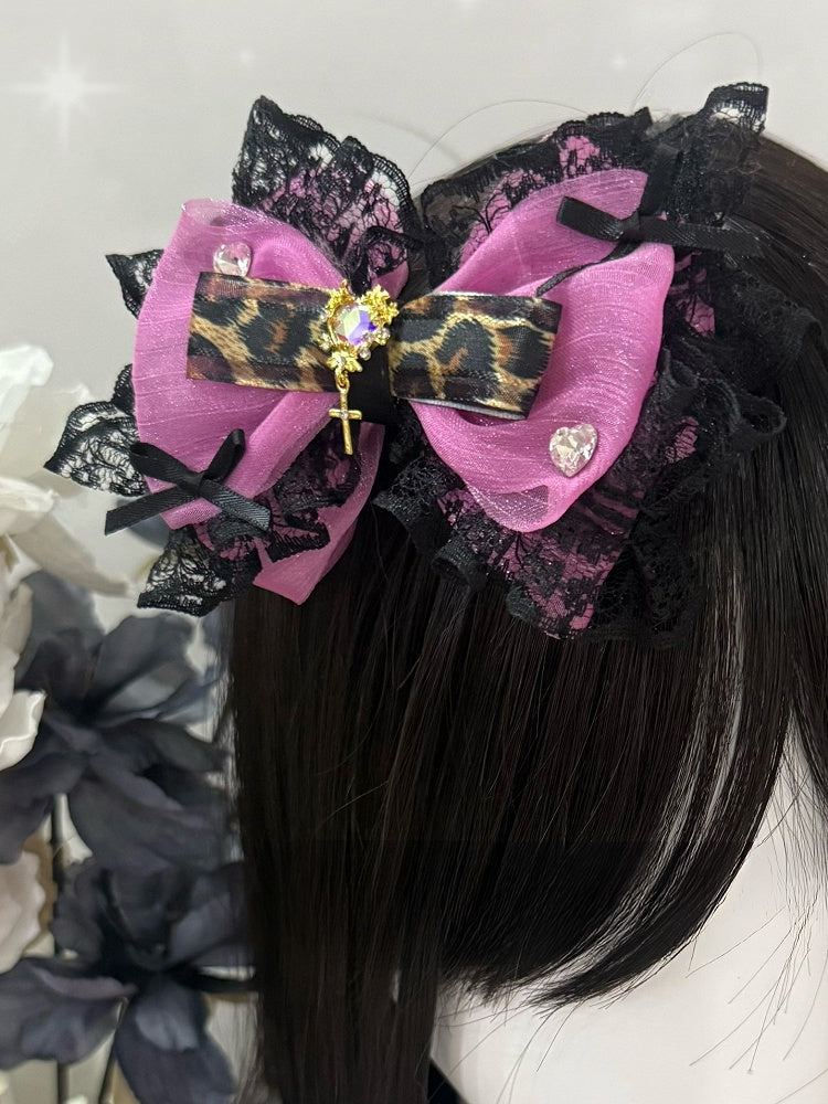 Leopard Trim Heart Decorated Rose Lace Hairclip Bowknot Red Pattern Rhinestone