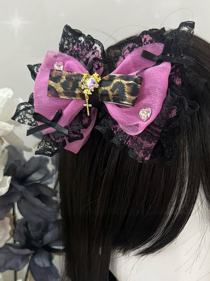 Leopard Trim Heart Decorated Rose Lace Hairclip Bowknot Red Pattern Rhinestone
