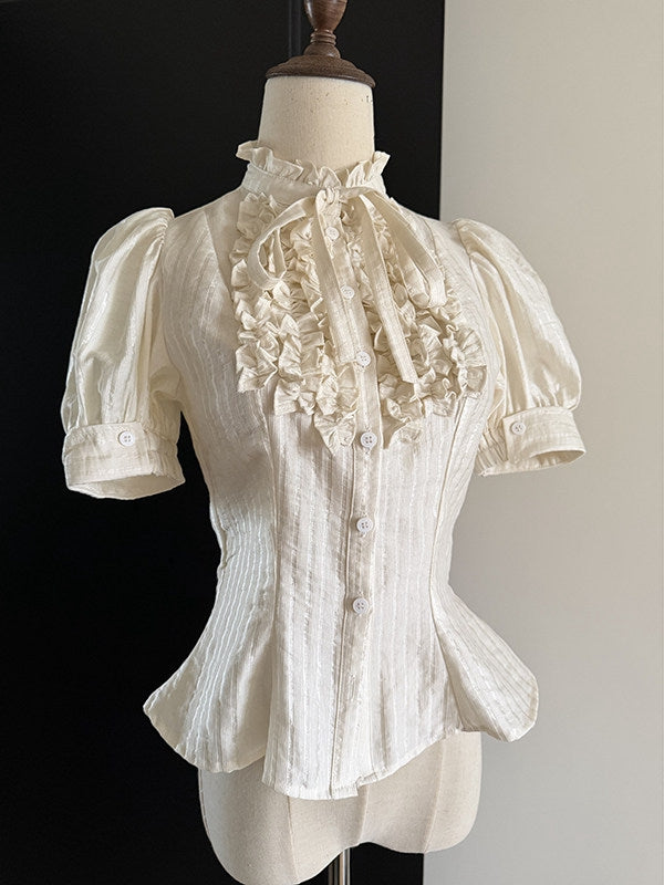 Beige Ruffle Short Puff Sleeve Striped Lolita Blouse - Flower Fairy Daily