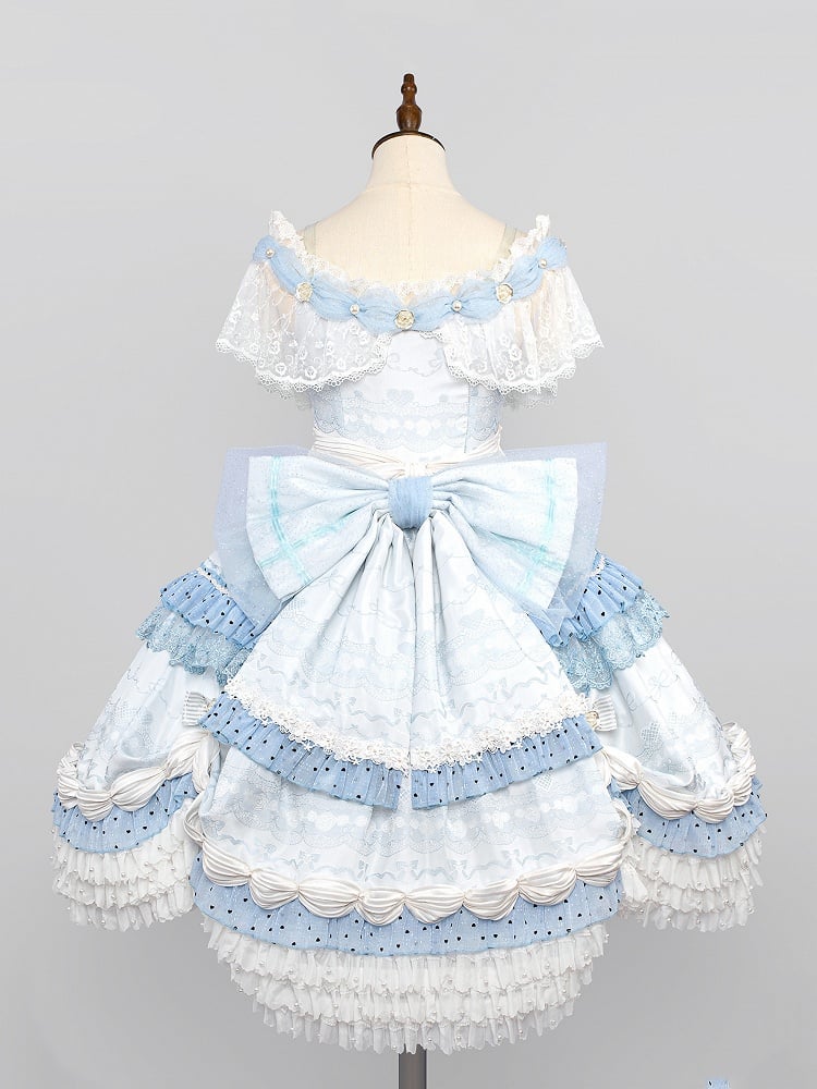 Hime Mini Veil KC Blue Hat Full Off + Cuffs Choker Dress Shoulder Wrist Set Lolita