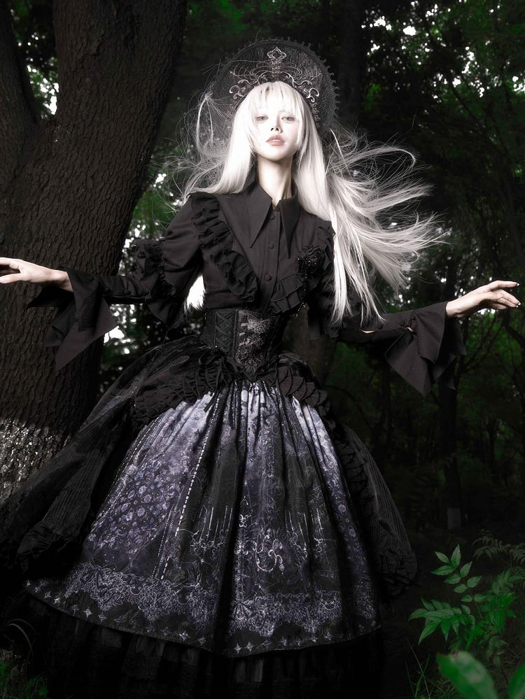 Sleeves Collar Lolita Long Shirt with Ruffles Black Sharp Gothic