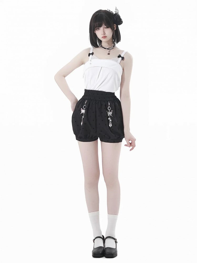 Polka-Dot Bubble Shorts with Butterfly Charms Black Cheongsam Style