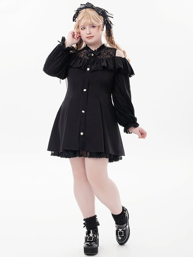 Schwarzes Jirai Kei-Kleid mit Illusionsausschnitt, ausgeschnittenen Schultern und langen Ärmeln und Fliege