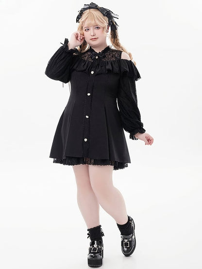 Schwarzes Jirai Kei-Kleid mit Illusionsausschnitt, ausgeschnittenen Schultern und langen Ärmeln und Fliege