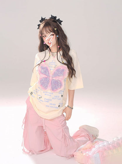 Pink Low Waist Wide-Leg Pants with Asymmetrical Drawstring Bows - Daily Kawaii Style