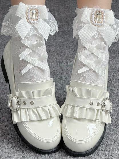 Leather Heels Rhinestone Bead PU Kei with Low Bow Jirai Polished White