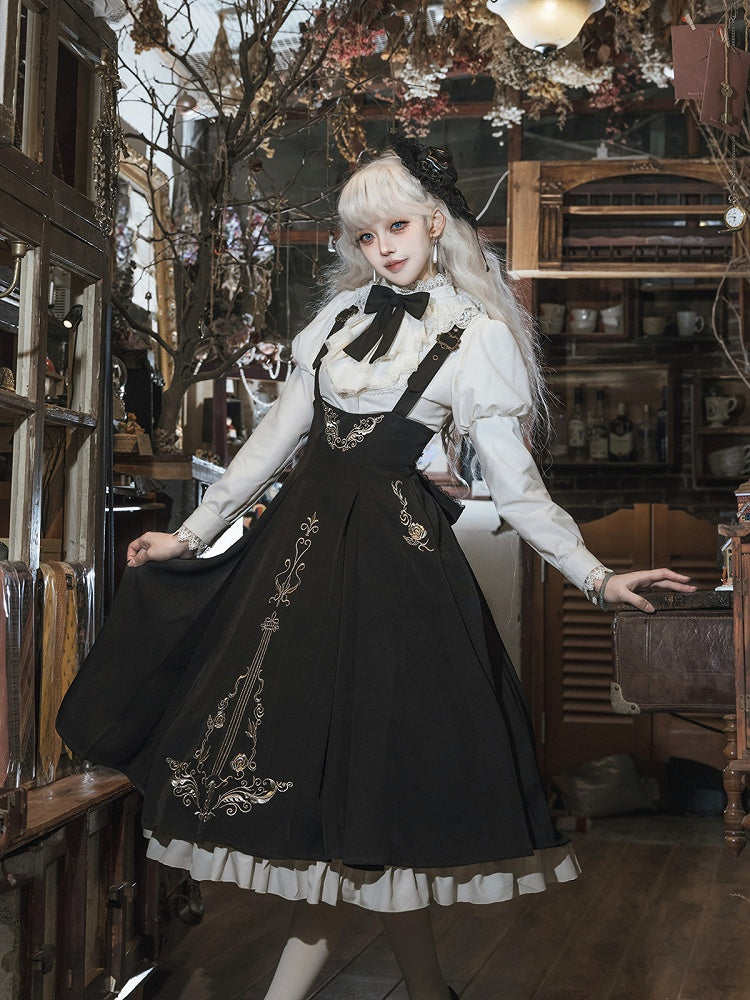Jabot Top Black + Overall Juliette Shirt High Skirt Elegant Cropped Waist Sleeves Collar Lolita