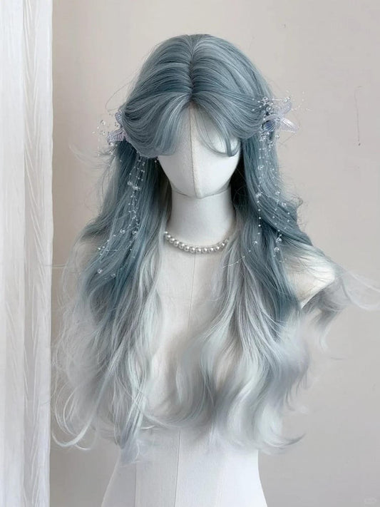 with Curtain Blue Wavy Ombre Mint Bangs Long Wig 70CM